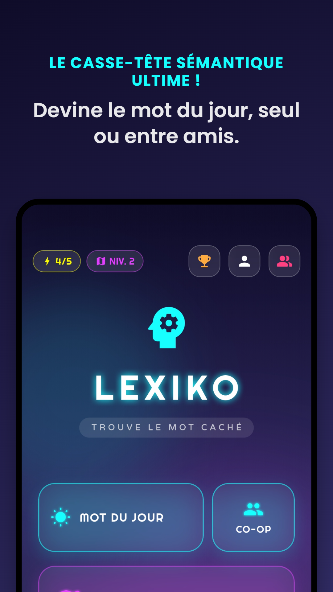 Trois écrans de Lexiko : victoire, menu des modes, et partie en cours avec la température des mots